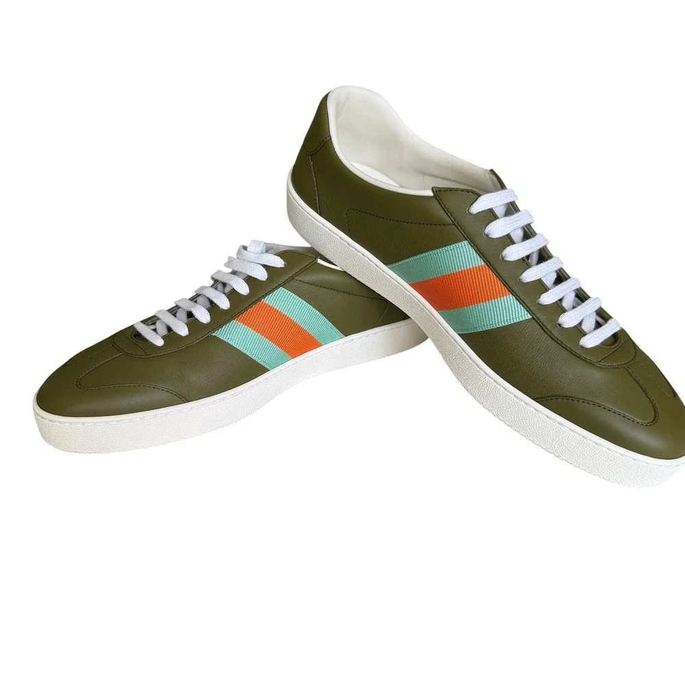 Gucci G74 Leather Sneakers Olive Green Blue Orange Web Stripe 858981 Mens 9G